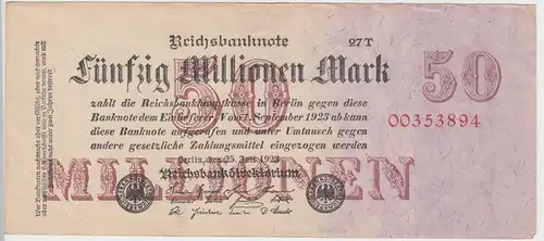 (D973) Geldschein Reichsbanknote, 50 Millionen Mark 1923, Inflation