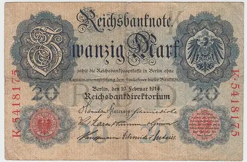 (D1018) Geldschein Reichsbanknote, 20 Mark 1914