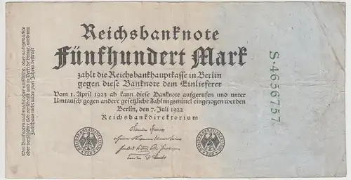 (D1025) Geldschein Reichsbanknote, 500 Mark 1922