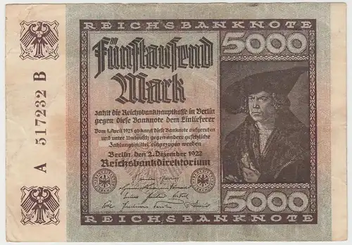 (D1052) Geldschein Reichsbanknote, 5.000 Mark 1922