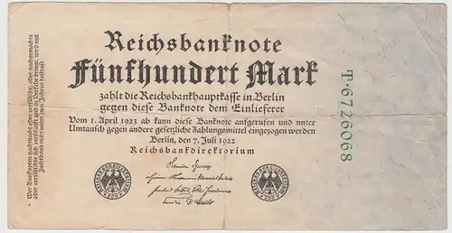 (D1053) Geldschein Reichsbanknote, 500 Mark 1922