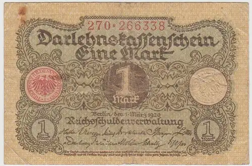 (D1057) Geldschein Darlehnskassenschein, 1 Mark 1920