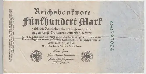 (D1080) Geldschein Reichsbanknote, 500 Mark 1922