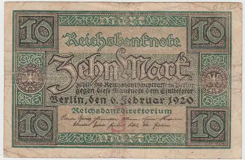 (D1085) Geldschein Reichsbanknote, 10 Mark 1920