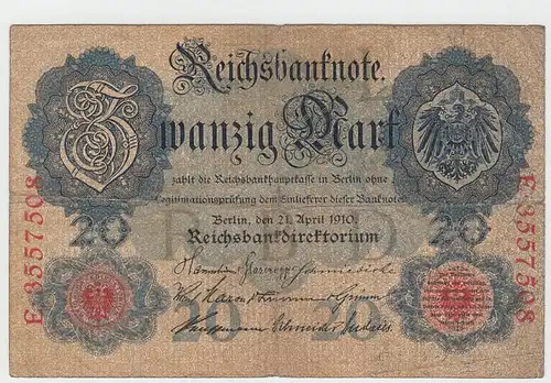 (D1088) Geldschein Reichsbanknote, 20 Mark 1910