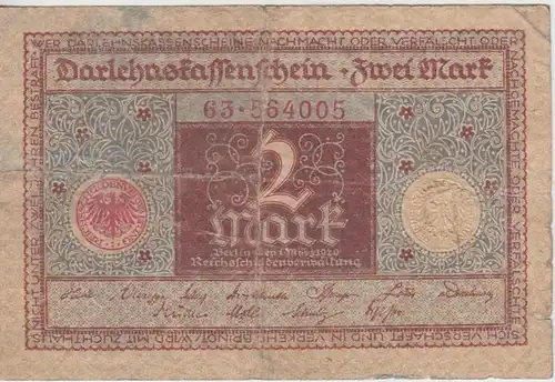 (D1108) Geldschein Darlehnskassenschein, 2 Mark 1920