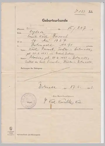 (D1132) Geburtsurkunde Emil Karl Dworak, Pfarramt Botenwald 1943