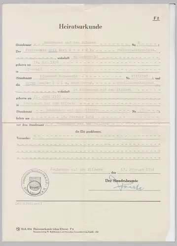 (D1133) Heiratsurkunde Emil Karl Dworak, Pfarramt Botenwald, Standesamt Neuhausen 1954