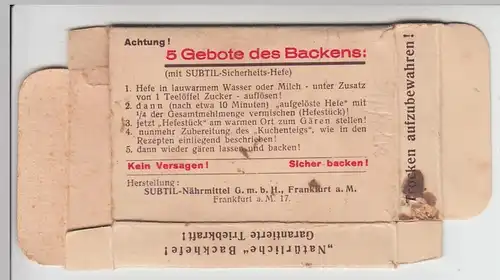 (D1148) kl. Schachtel Sicherheits-Backhefe, Subtil Nahrungsmittel Frankfurt, vor 1945