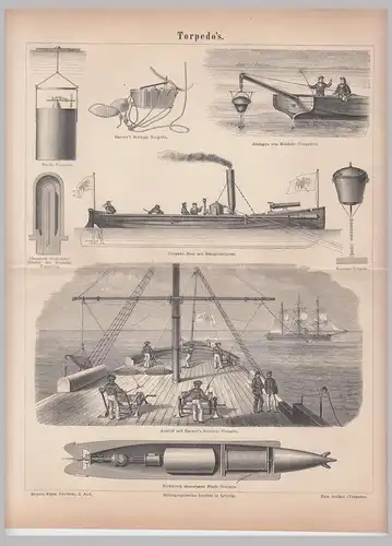 (D1150) Torpedos, Kunstdruck Lithographie 1874 - 1878, 14x30cm