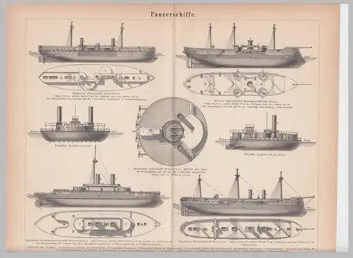 (D1151) Panzerschiffe, Kunstdruck Lithographie 1874 - 1878, 28x24cm