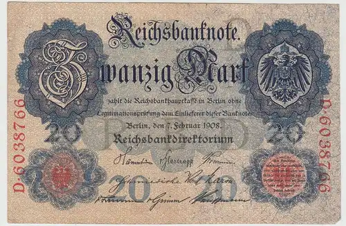 (D1185) Geldschein Reichsbanknote 20 Mark 1908