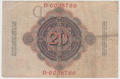 (D1185) Geldschein Reichsbanknote 20 Mark 1908
