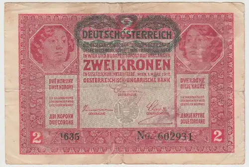 (D1186) Geldschein Ungarn 2 Kronen 1917 m. Überdruck Deutschösterreich