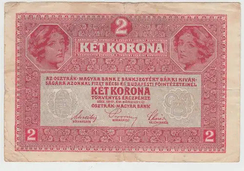 (D1186) Geldschein Ungarn 2 Kronen 1917 m. Überdruck Deutschösterreich