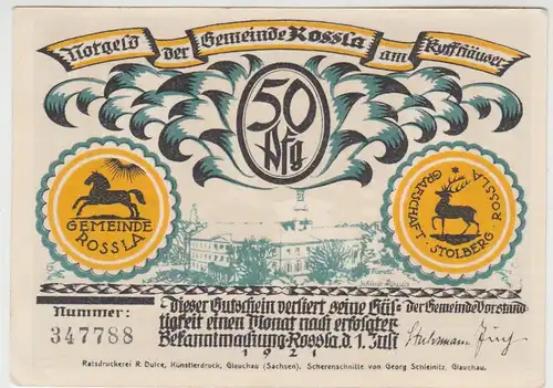 (D1200) Geldschein 50 Pf. Notgeld d. Gemeinde Rossla am Kyffhäuser 1921, Motiv 1