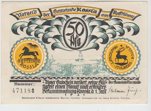 (D1204) Geldschein 50 Pf. Notgeld d. Gemeinde Rossla am Kyffhäuser 1921, Motiv 5