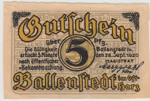 (D1209) Geldschein 5 Pf. Notgeld Ballenstedt 1920