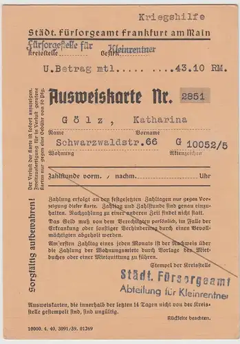 (D1213) Ausweiskarte, Städt. Fürsorgeamt Frankfurt vor 1945