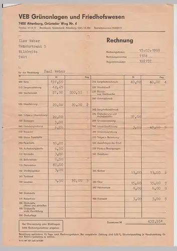 (D1222) VEB Grünanlagen u. Friedhofwesen Altenburg, Rechnung 1989 A4