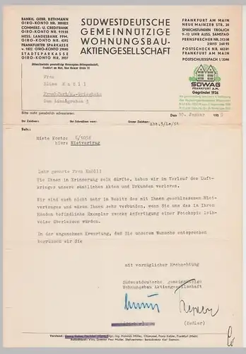 (D1223) SÜWAG Frankfurt, 2 Schreiben an Mieterpaar 1950 und 1959