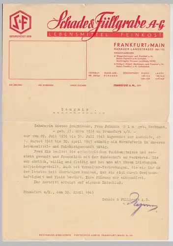 (D1224) Schade u. Füllgrabe AG, Zeugnis f. Johanna Elm, Frankfurt a.M. 1943