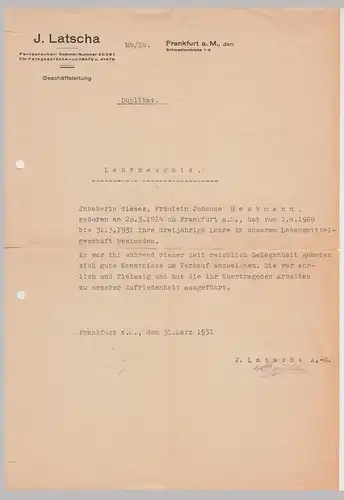 (D1232) Firma J. Latscha, Frankfurt a.M., Lehrzeugnis für Johanna Heckmann 1931