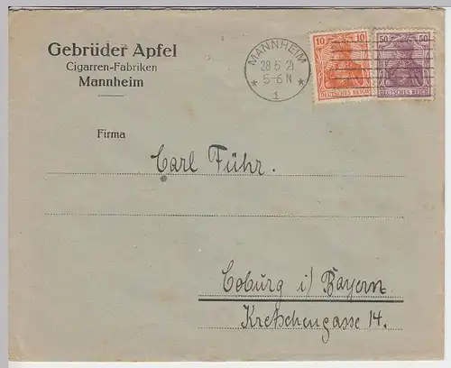 (B1101) Bedarfsbrief DR, Gebrüder Apfel, Cigarren-Fabrik, Mannheim 1921