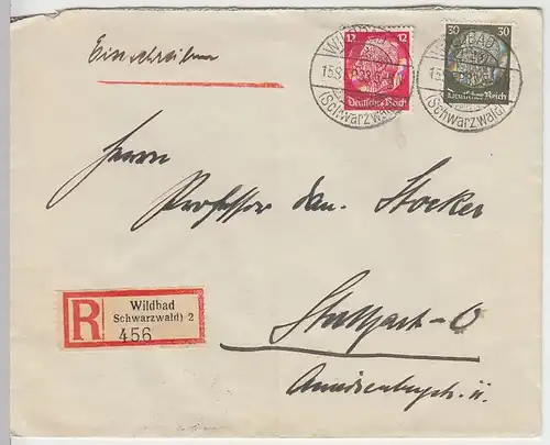 (B1196) Bedarfsbrief DR, R-Brief, Stempel Wildbad (Schwarzwald) 1933