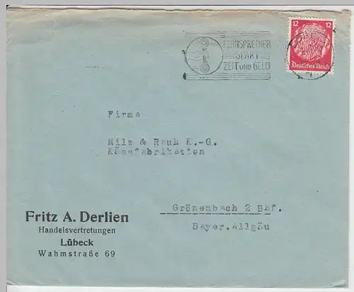 (B1446) Bedarfsbrief DR, Fa. Fritz A. Derlien, Lübeck, 1938