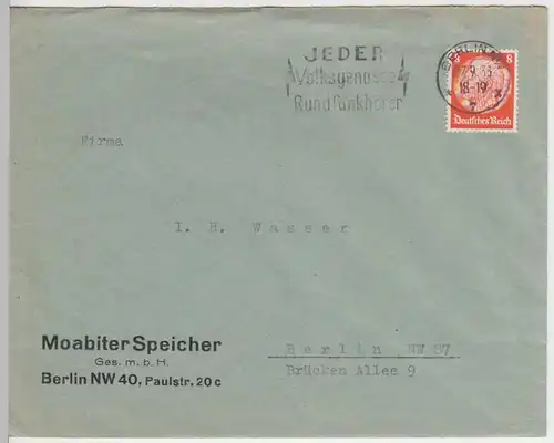 (B1447) Bedarfsbrief DR, Fa. Moabiter-Speicher, Berlin, 1933