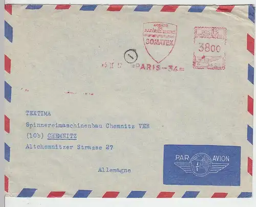 (B1568) Bedarfsbrief Frankreich, Freistempel Paris 1951, Fa. Somatex