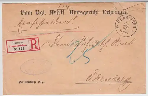 (B2436) Bedarfsbrief Dienstsache, Amtsgericht Oehringen. R-Brief 1897