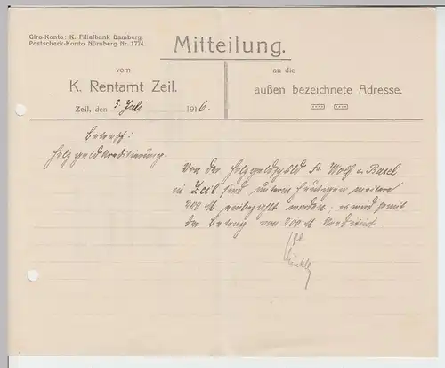 (B2425) Faltbrief Rentamt Zeil Forstamt Zeil, Dienstsache 1916