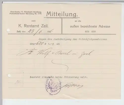 (B2424) Faltbrief Rentamt Zeil Forstamt Zeil, Dienstsache 1916