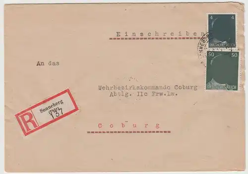 (B2273) Bedarfsbrief R-Brief DR, Stempel Sonneberg (Thür) 1943