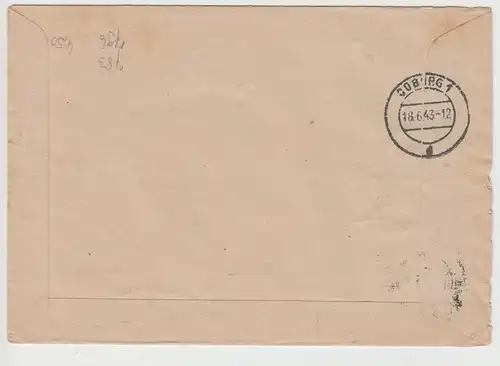 (B2273) Bedarfsbrief R-Brief DR, Stempel Sonneberg (Thür) 1943