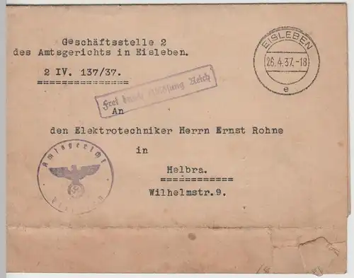 (B2241) Bedarfsbrief DR Amtsgericht Eisleben 1937