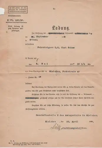 (B2241) Bedarfsbrief DR Amtsgericht Eisleben 1937