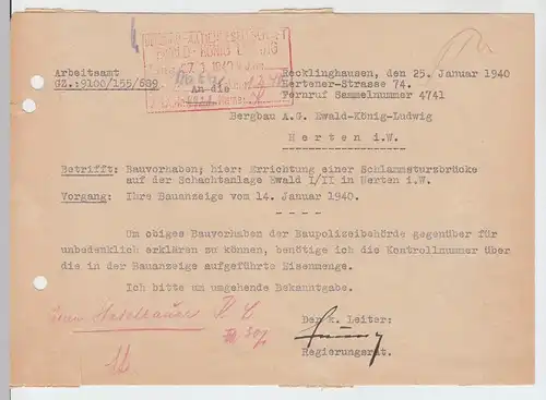 (B2205) Faltbrief Dienstpost, Arbeitsamt Recklinghausen 1940