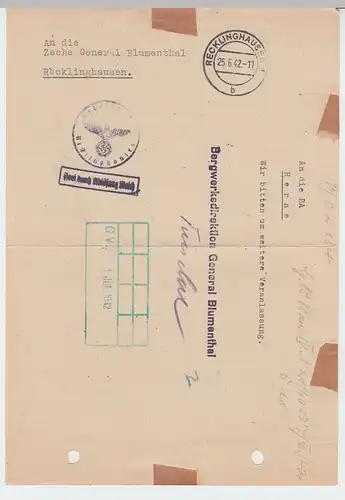 (B2195) Faltbrief Dienstpost, Arbeitsamt Recklinghausen 1942