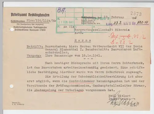 (B2192) Faltbrief Dienstpost, Arbeitsamt Recklinghausen 1942