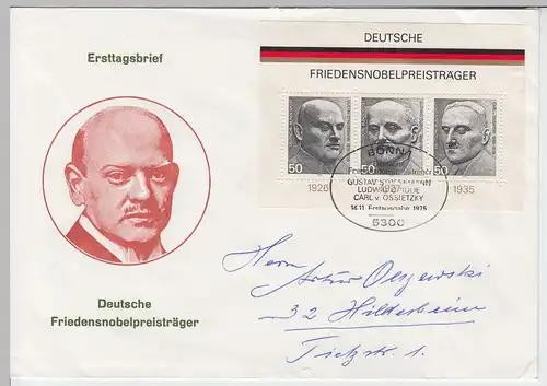 (B2135) Ersttagsbrief ETB FDC Bund, Nobelpreisträger mit Block 11, 1975
