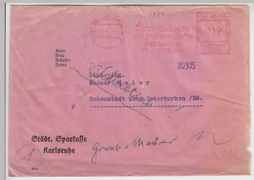 (B2120) Bedarfsbrief Deutsches Reich, Freistempel Karlsruhe 1 1942