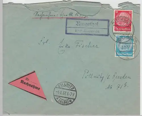 (B2077) Bedarfsbrief Nachnahme Deutsches Reich, Stempel Mittweida 1937