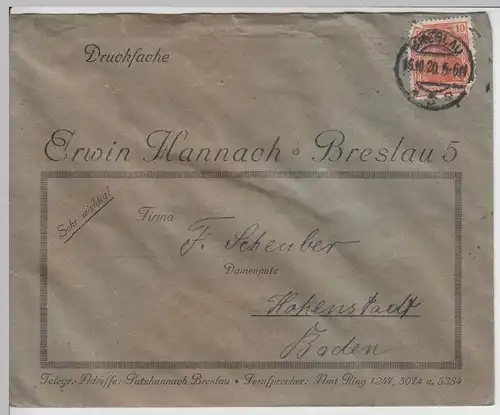 (B1820) Bedarfsbrief Deutsches Reich, Stempel Breslau 1920