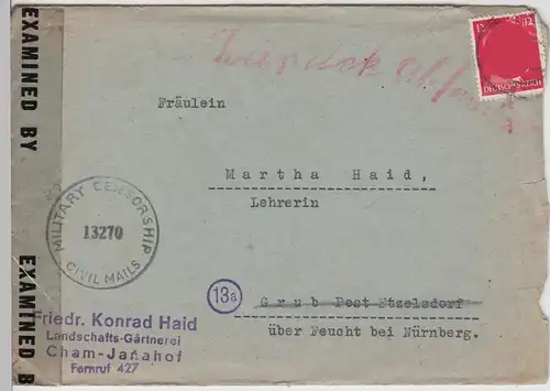 (B1661) Bedarfsbrief DR v. Landschafts-Gärtnerei Haid, Cham-Janahof, 1945