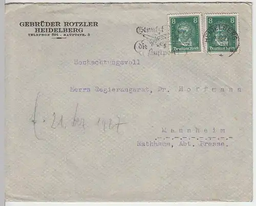 (B1376) Bedarfsbrief DR, Fa. Gebr. Rotzler, Heidelberg, 1927