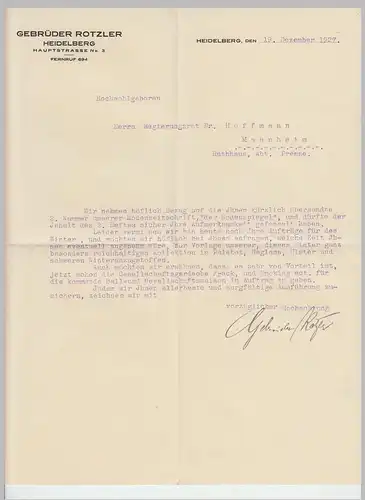 (B1376) Bedarfsbrief DR, Fa. Gebr. Rotzler, Heidelberg, 1927