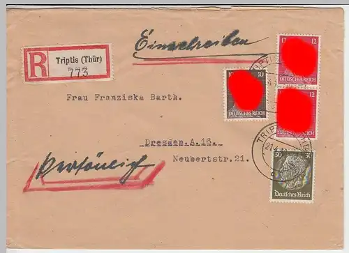 (B1238) Bedarfsbrief DR, R-Brief Triptis (Thür), 1942